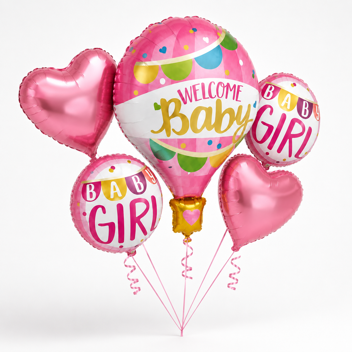 Hot Air Balloon Pink It's a Girl Balloon Bouquet Set - 5PC  | Helium Filles & Delivers Inflated