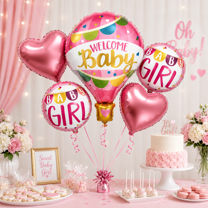 Hot Air Balloon Pink It's a Girl Balloon Bouquet Set - 5PC  | Helium Filles & Delivers Inflated