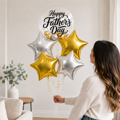 Happy Father's Day Transparent Foil Balloon Set with Golden and Silver Star Shaped Balloons - 5PC | Helium Filled & Delivers Inflated