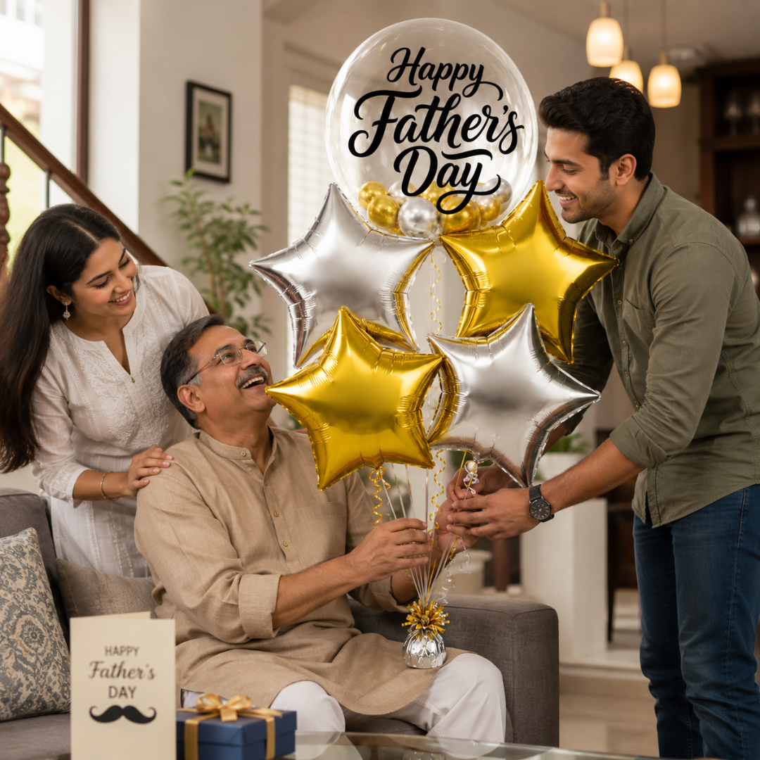 Happy Father's Day Transparent Foil Balloon Set with Golden and Silver Star Shaped Balloons - 5PC | Helium Filled & Delivers Inflated