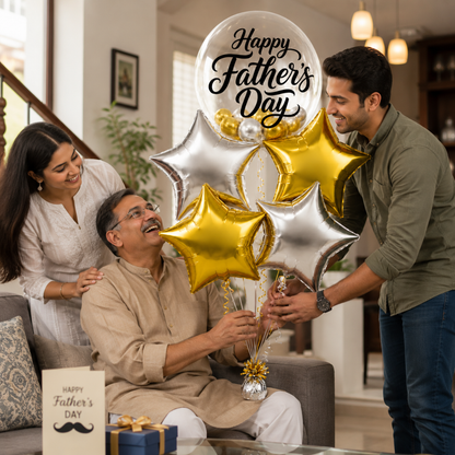 Happy Father's Day Transparent Foil Balloon Set with Golden and Silver Star Shaped Balloons - 5PC | Helium Filled & Delivers Inflated