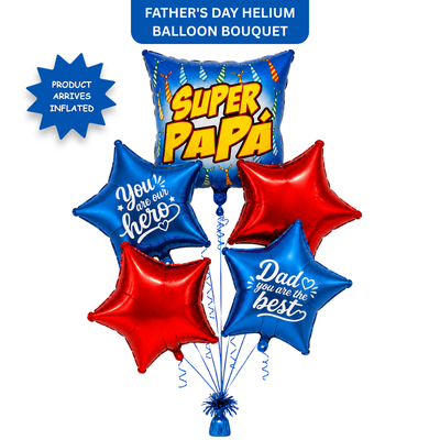 Super Papa Red & Blue Star Shaped Father's Day Foil Balloon Bouquet Set - 5PC | Helium Filled & Delivers Inflated