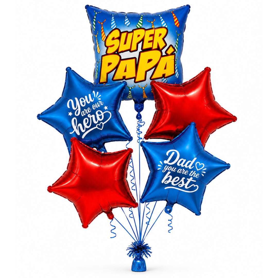 Super Papa Red & Blue Star Shaped Father's Day Foil Balloon Bouquet Set - 5PC | Helium Filled & Delivers Inflated
