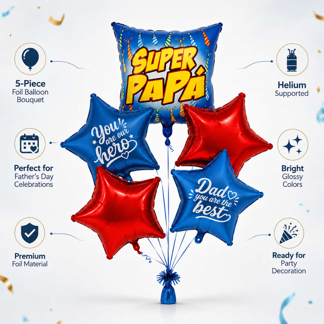 Super Papa Red & Blue Star Shaped Father's Day Foil Balloon Bouquet Set - 5PC | Helium Filled & Delivers Inflated