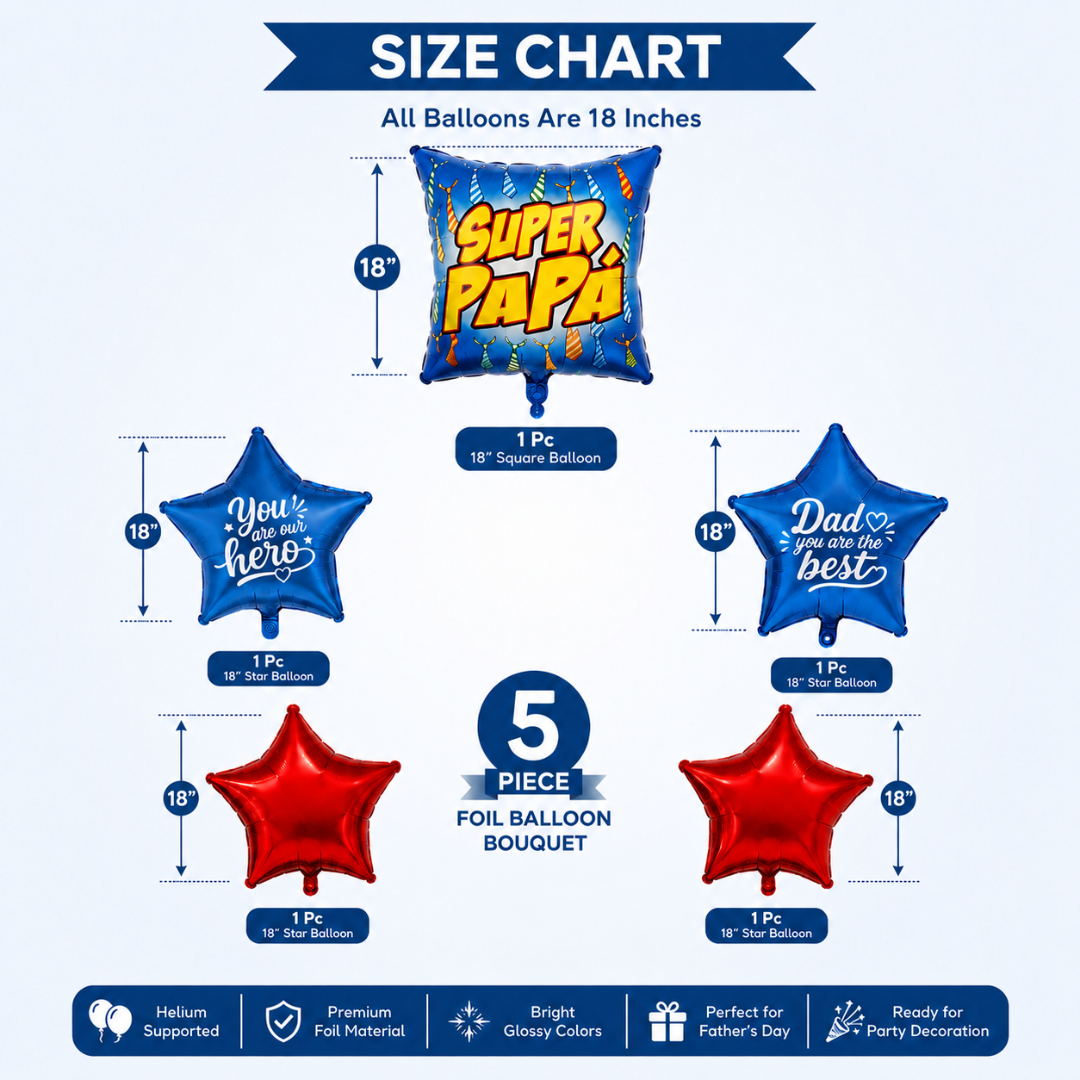 Super Papa Red & Blue Star Shaped Father's Day Foil Balloon Bouquet Set - 5PC | Helium Filled & Delivers Inflated