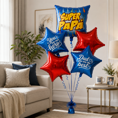 Super Papa Red & Blue Star Shaped Father's Day Foil Balloon Bouquet Set - 5PC | Helium Filled & Delivers Inflated