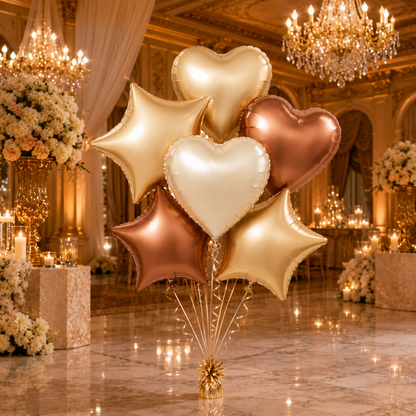 Retro Caramel Coffee and Milky White Star Heart Shaped Balloons Set - 6PC