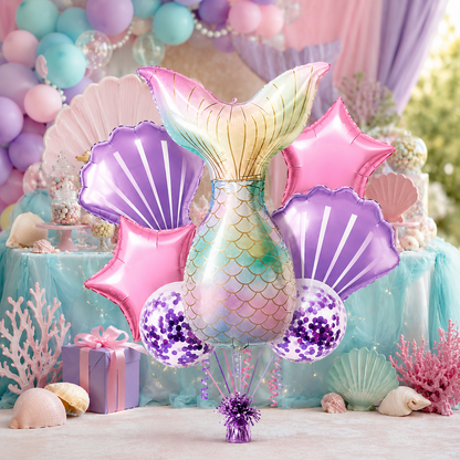 Mermaid Balloon Set with Purple Confetti Balloons - 7 PC