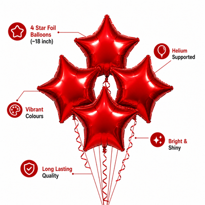 Red Star Shape Foil Balloons (18 Inch, Pack of 4) Helium Filled & Delivered Inflated