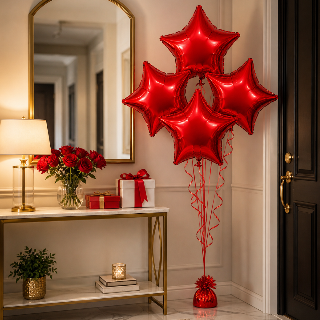 Red Star Shape Foil Balloons (18 Inch, Pack of 4) Helium Filled & Delivered Inflated