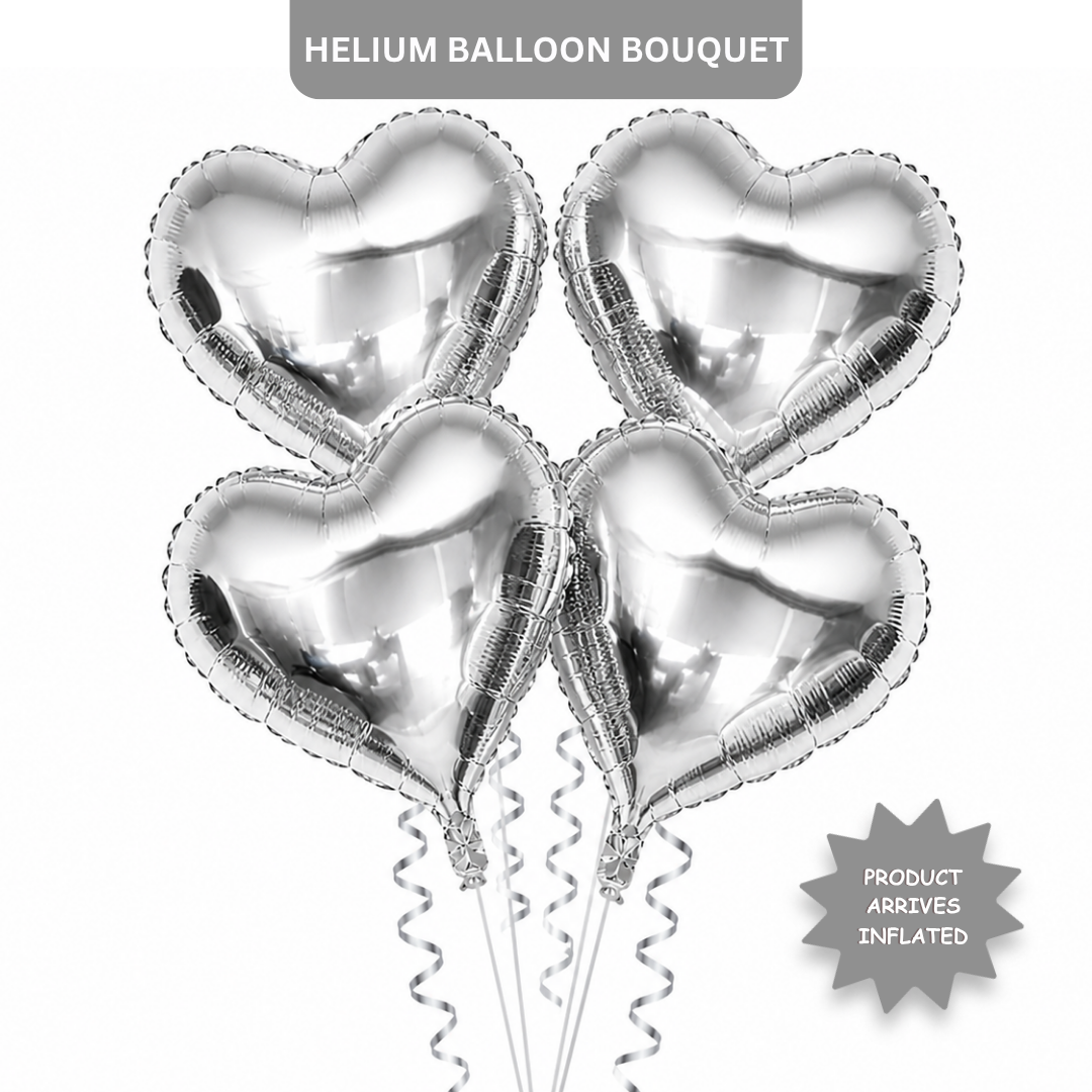Silver Heart Shape Foil Balloons (18 Inch, Pack of 4) Helium Filled & Delivered Inflated