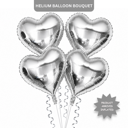 Silver Heart Shape Foil Balloons (18 Inch, Pack of 4) Helium Filled & Delivered Inflated