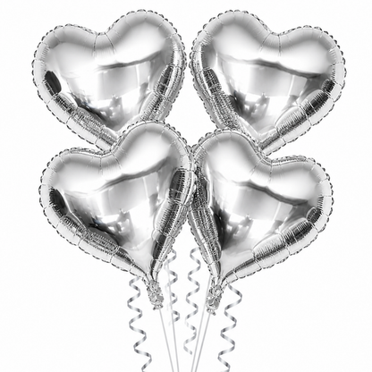 Silver Heart Shape Foil Balloons (18 Inch, Pack of 4) Helium Filled & Delivered Inflated