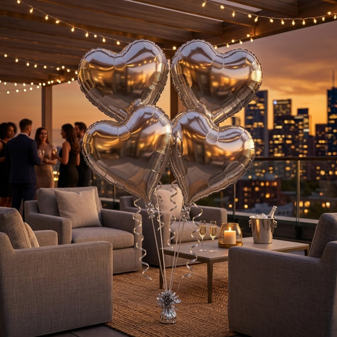 Silver Heart Shape Foil Balloons (18 Inch, Pack of 4) Helium Filled & Delivered Inflated