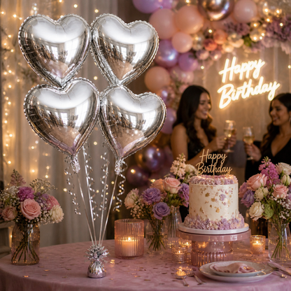 Silver Heart Shape Foil Balloons (18 Inch, Pack of 4) Helium Filled & Delivered Inflated