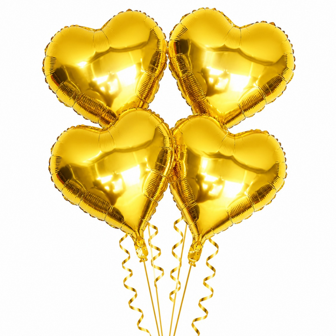 Golden Heart Shape Foil Balloons (18 Inch, Pack of 4) Helium Filled & Delivered Inflated