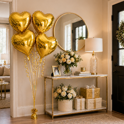 Golden Heart Shape Foil Balloons (18 Inch, Pack of 4) Helium Filled & Delivered Inflated