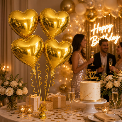 Golden Heart Shape Foil Balloons (18 Inch, Pack of 4) Helium Filled & Delivered Inflated