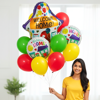 Welcome Home Balloon Decoration Set of 9 | House Shape Foil Balloon with Welcome Home Printed Balloons & Latex Balloons