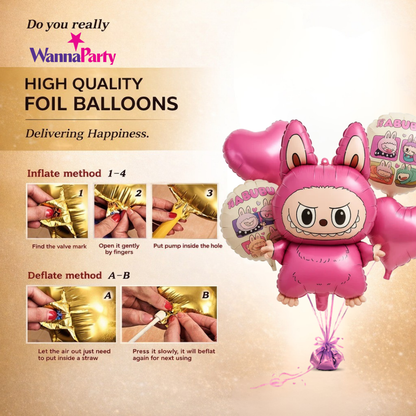 Labubu Theme Foil Balloon Bouquet Set of 5
