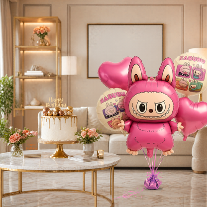 Cute Kind Labubu Monster Theme Helium Balloon Set of 5 (Monster Supershape + 2 Pink Heart + Printed Balloons) | Pre-Inflated & Delivered | Kids Birthday Decoration