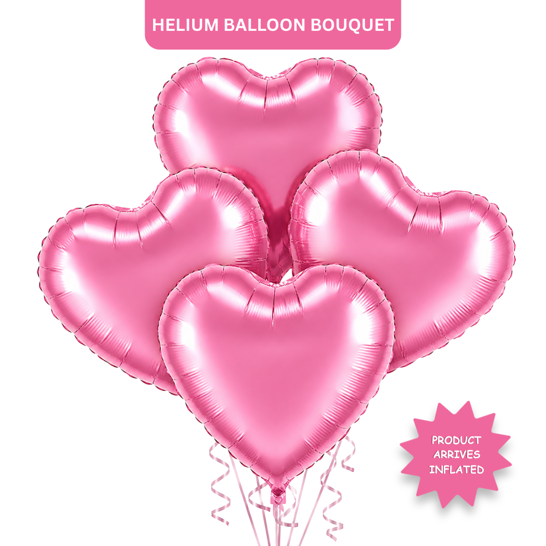 Pink Heart Foil Balloon Set - 4PC | Helium Filled & Delivered Inflated Balloons | Romantic Party Decoration for Valentine’s Day, Anniversary & Surprise Celebrations