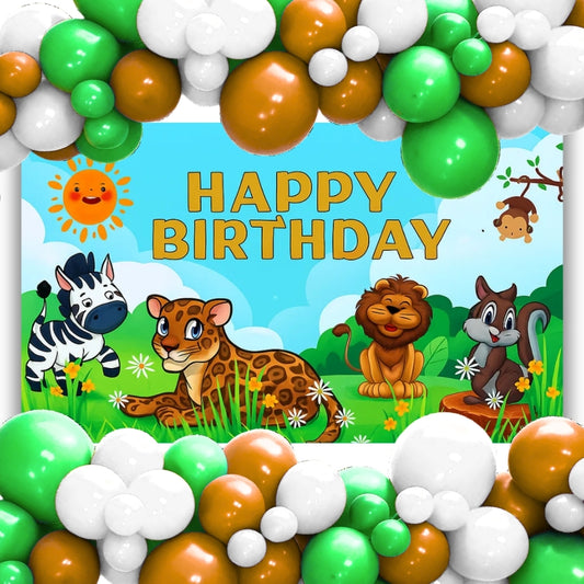 Happy Birthday Jungle Animal Banner w/ Brown, Green & White Latex/ Rubber Balloons - 4FT x 2FT - 1PC