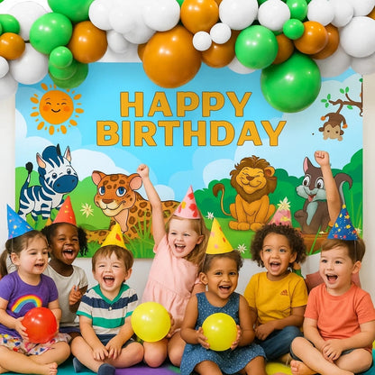 Happy Birthday Jungle Animal Banner w/ Brown, Green & White Latex/ Rubber Balloons - 4FT x 2FT - 1PC
