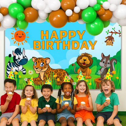 Happy Birthday Jungle Animal Banner w/ Brown, Green & White Latex/ Rubber Balloons - 4FT x 2FT - 1PC