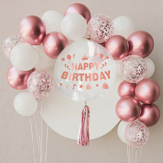 Happy Birthday Rose Gold Balloons and Rose Gold Confetti Balloons Combo Set - 22PC