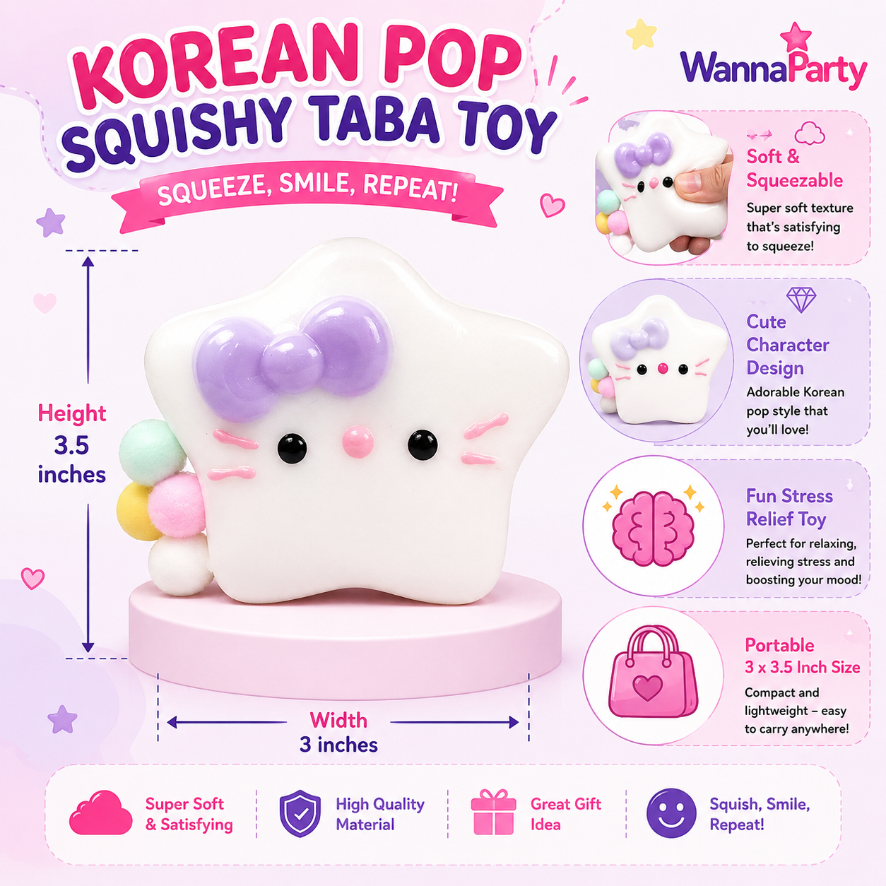 Hello Kitty White Star Squishy Taba Toy - Cute Squeeze Toy | Wanna Party - Image 8