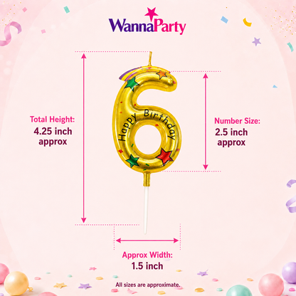 Golden Color Happy Birthday Printed Candle Number 6
