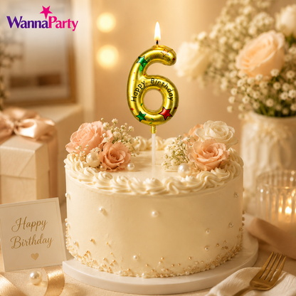 Golden Color Happy Birthday Printed Candle Number 6