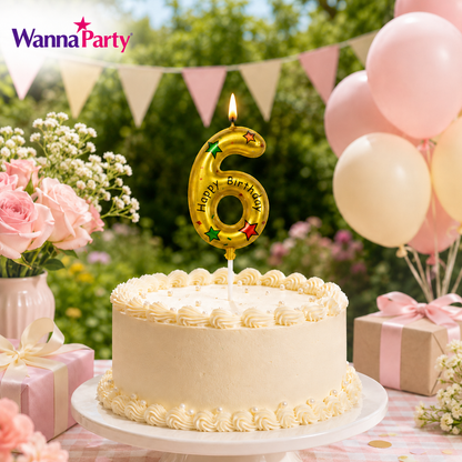 Golden Color Happy Birthday Printed Candle Number 6