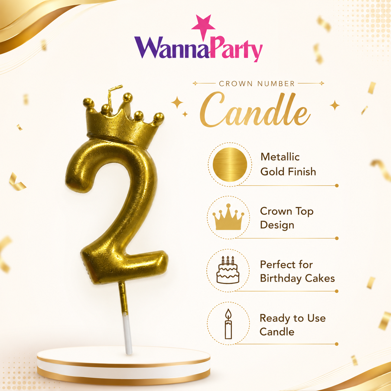Golden Crown Candle Number 2 | Metallic Finish | Medium Size