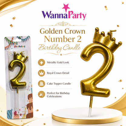Golden Crown Candle Number 2 | Metallic Finish | Medium Size