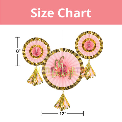 Oh Baby! Paper Fans Pink & Gold with Tassel - 3PC