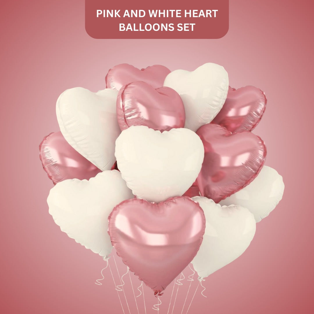 Pink and White Heart Pastel Foil Balloons Set - Pack of 10
