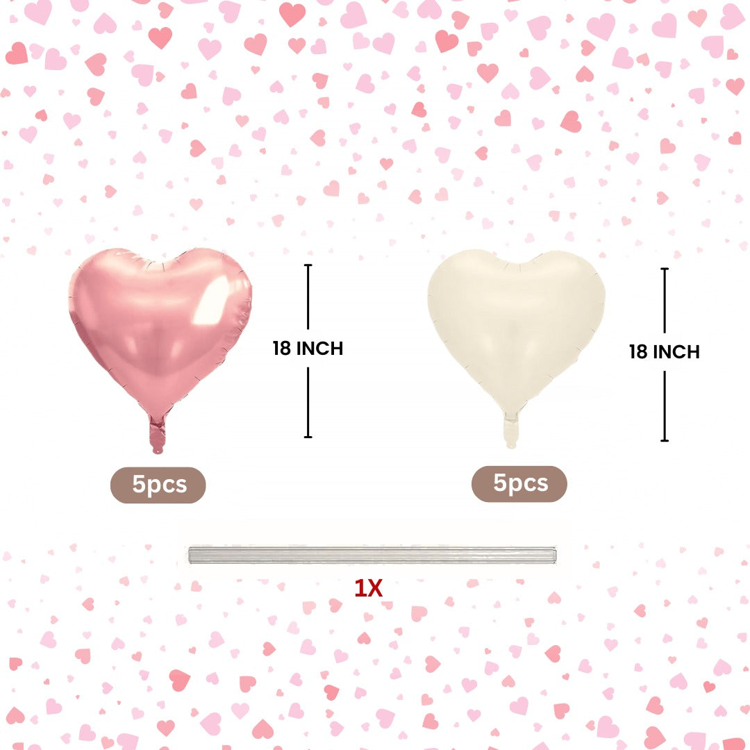 Pink and White Heart Pastel Foil Balloons Set - Pack of 10