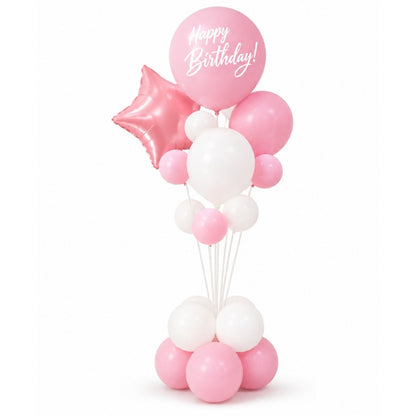 Pink & White Happy Birthday Balloon Bouquet Stand Set - 21 Pcs | Balloons with Plum Blossom Base, Holder & Fiber Rods -  |Birthday Table Centerpiece Decoration for Kids Adults Party, 1 Set