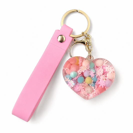 Heart Shaped Beads Keychain with Pink Wrist Strap, Cute Bag Charm Key Ring for Girls, Backpack Accessories, Birthday Return Gifts, Party Favors, School Bag Decoration - 1PC