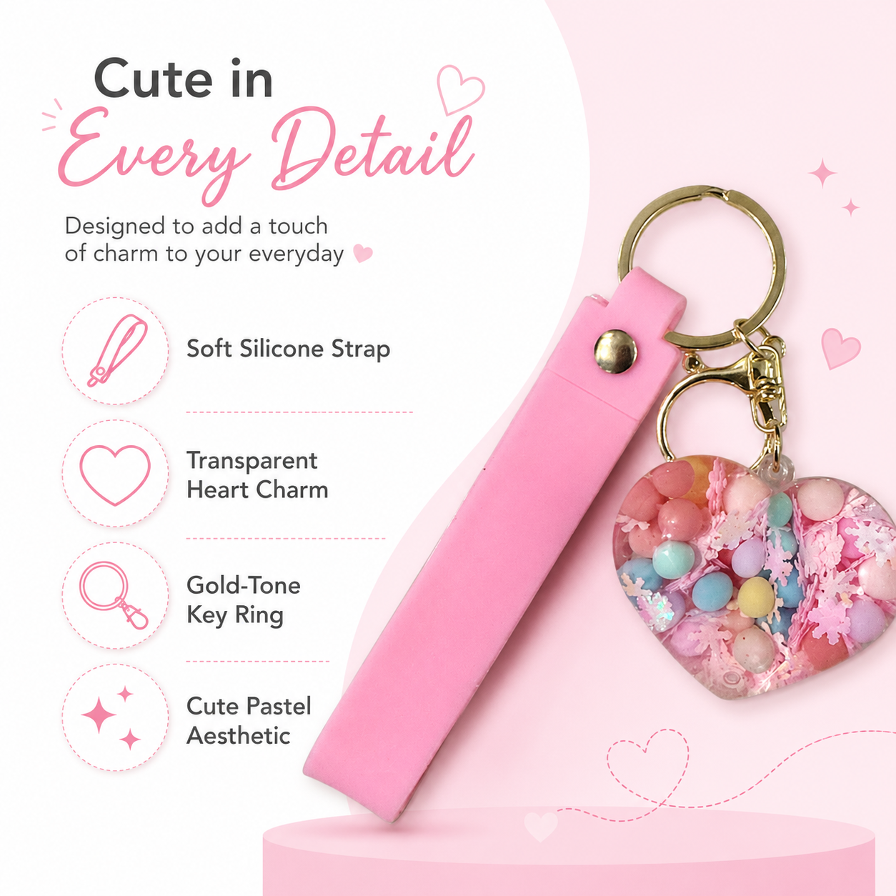 Heart Beads Keychain Pink Strap - Cute Bag Charm for Girls | Wanna Party - Image 10