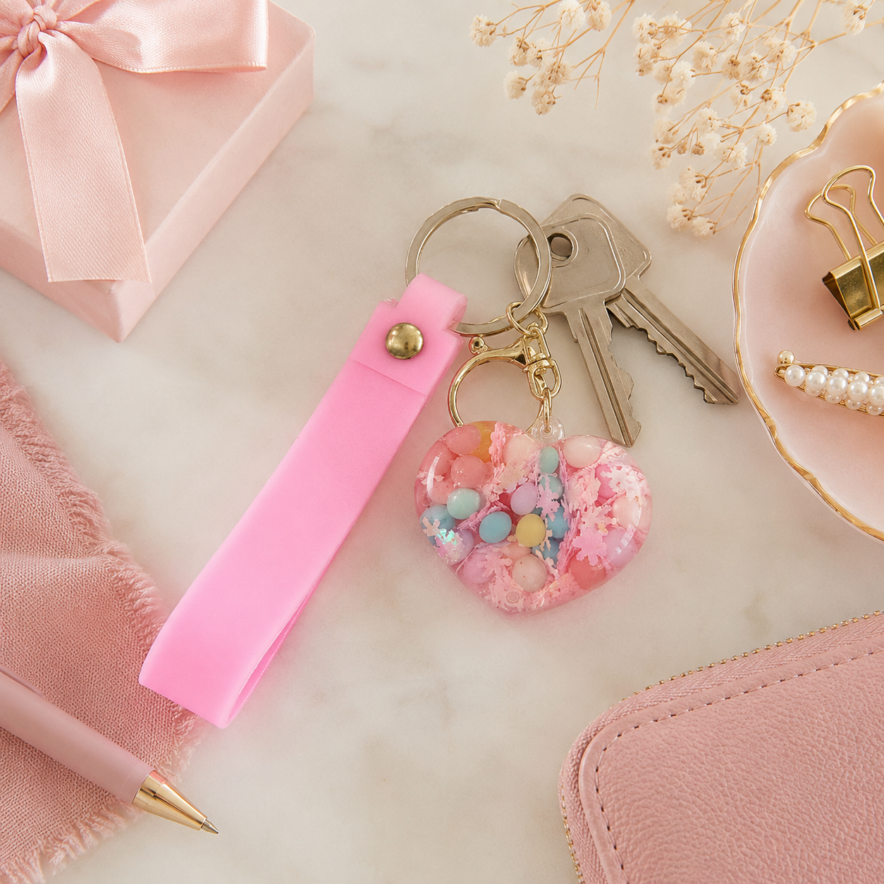 Heart Beads Keychain Pink Strap - Cute Bag Charm for Girls | Wanna Party - Image 7