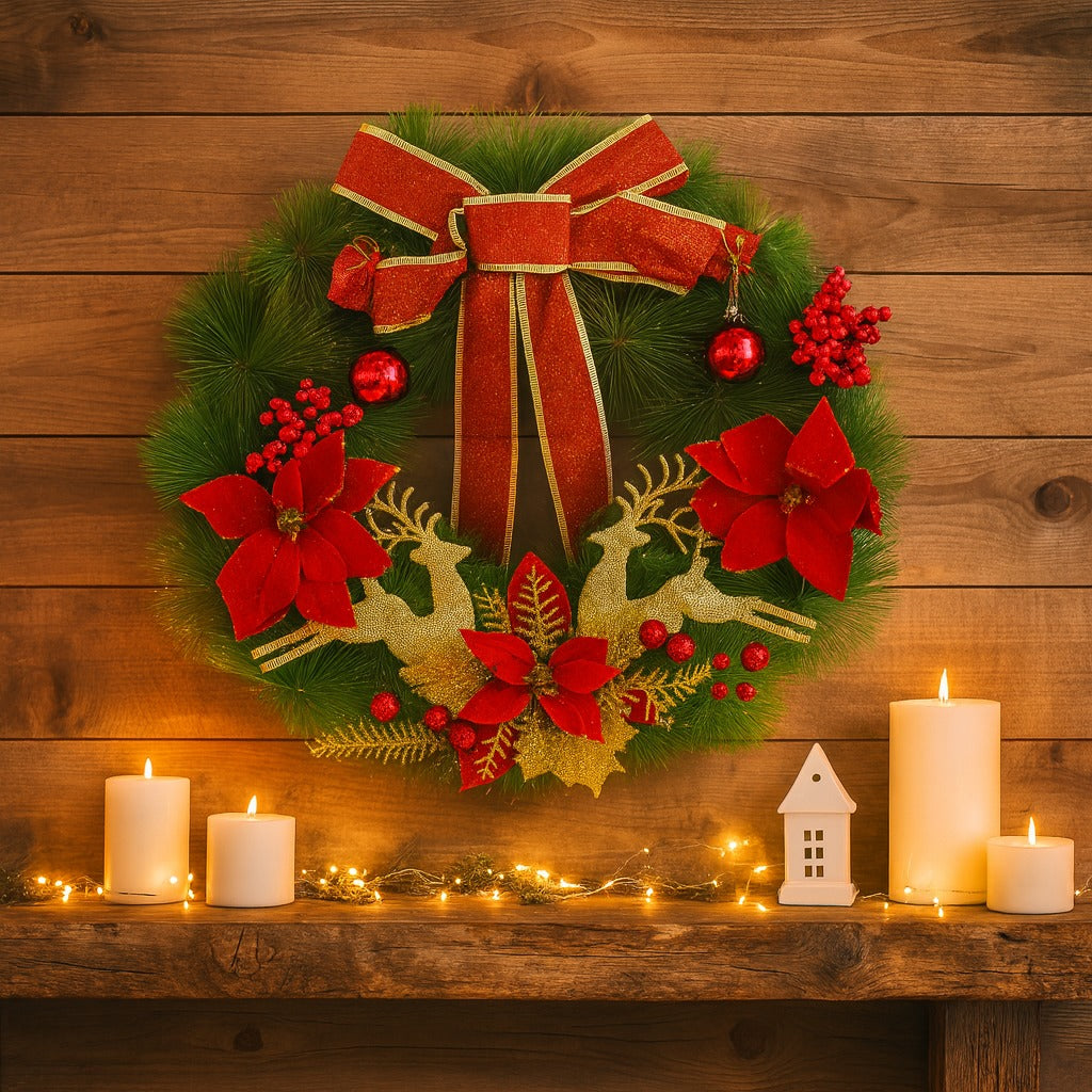 Christmas Wreath Red w/Reindeer, Cherries, Bells & Bows 18"