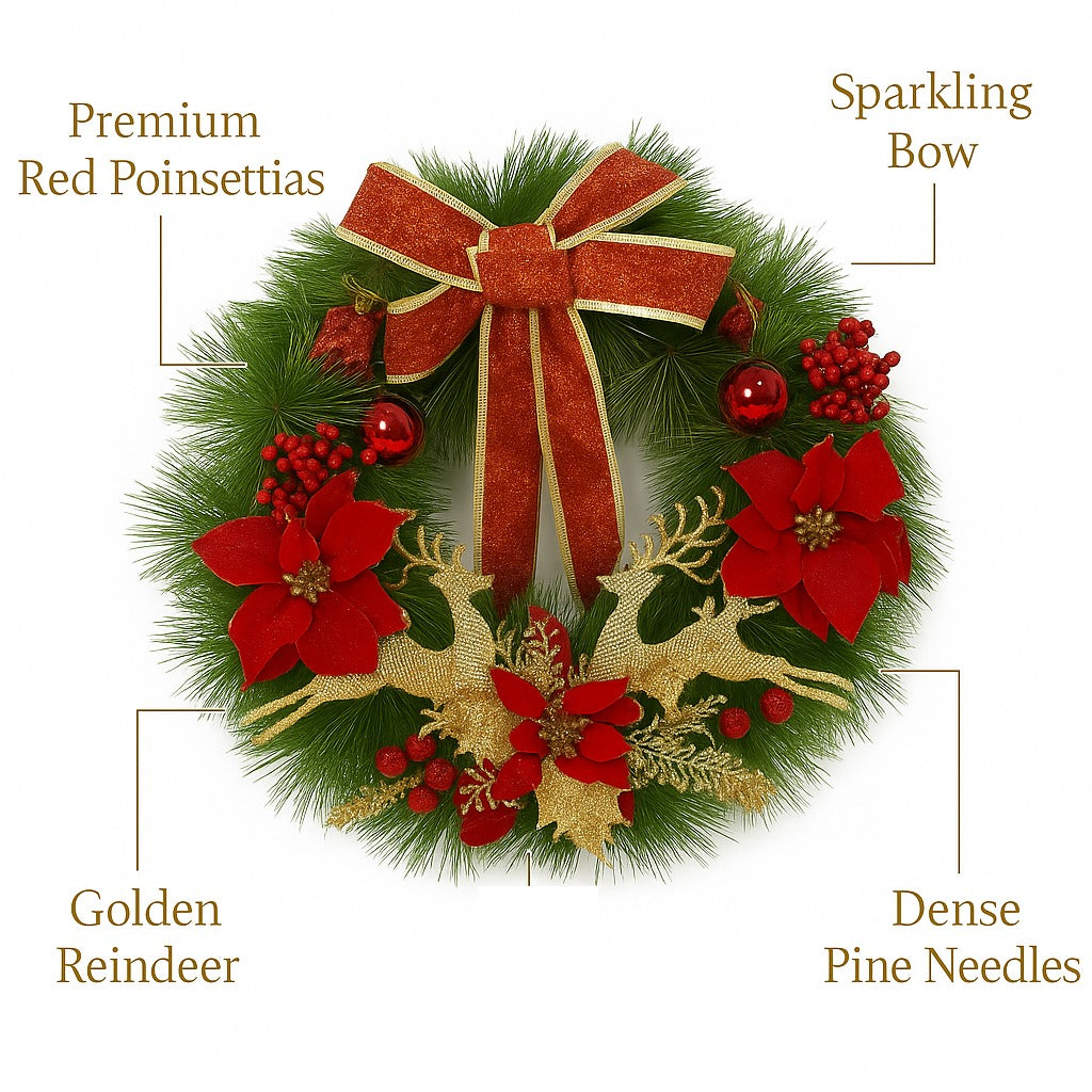 Christmas Wreath Red w/Reindeer, Cherries, Bells & Bows 18"