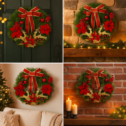 Christmas Wreath Red w/Reindeer, Cherries, Bells & Bows 18"