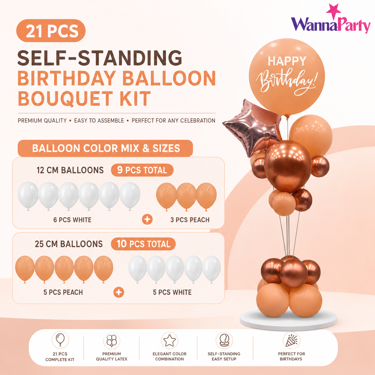 Peach & Rose Gold Happy Birthday Balloon Bouquet Stand Set -  21 Pcs | Balloons with Plum Blossom Base, Holder & Fiber Rods, Table Centerpiece Decoration for Birthday Party - 1 Set