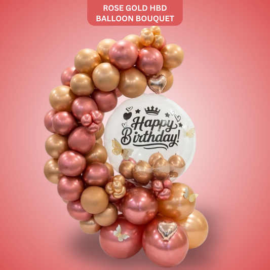 Designer Rose Gold & Pink Balloon Bouquet Arrangement with Transaprent Round Bobo Balloon & 3D Butterflies