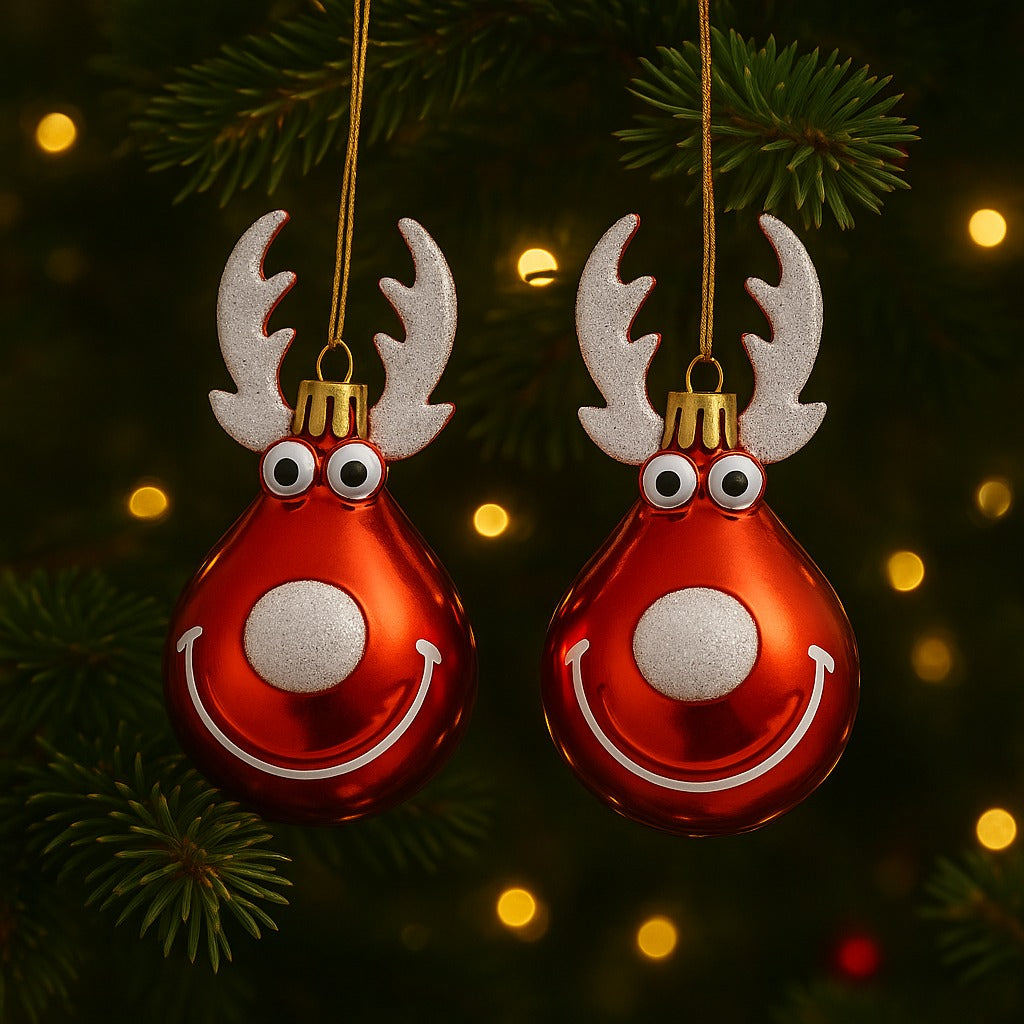 Christmas Reindeer Face Red  with Snow Nose Tip and Horns - Set of 2