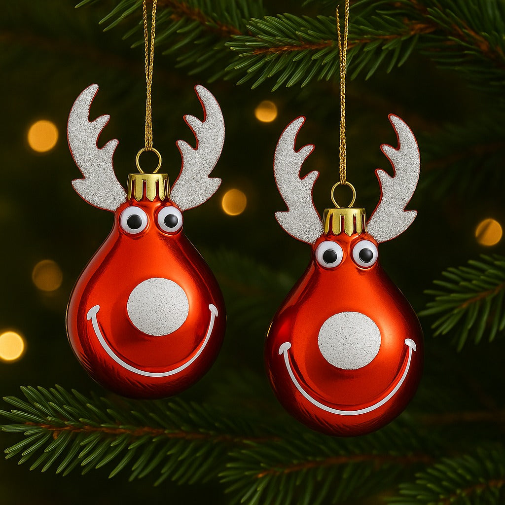 Christmas Reindeer Face Red  with Snow Nose Tip and Horns - Set of 2